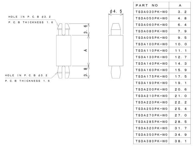 【TSDA380PK-W0】基板用ワンタッチスペーサーの高さ38.10mm 寸法図