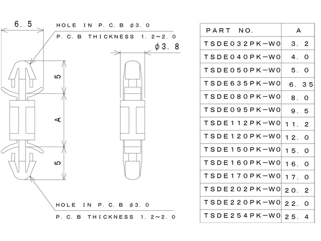 【TSDE080PK-W0】基板用ワンタッチスペーサーの高さ8.00mm 寸法図