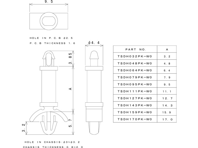 【TSDH095PK-W0】基板用ワンタッチスペーサーの高さ9.50mm 寸法図