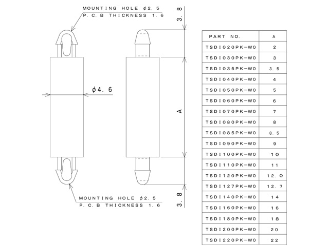【TSDI090PK-W0】基板用ワンタッチスペーサーの高さ9.00mm 寸法図