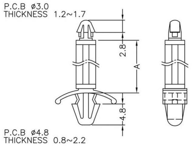 【TSDY250PK-W0】基板用ワンタッチスペーサーの高さ25.00mm 寸法図