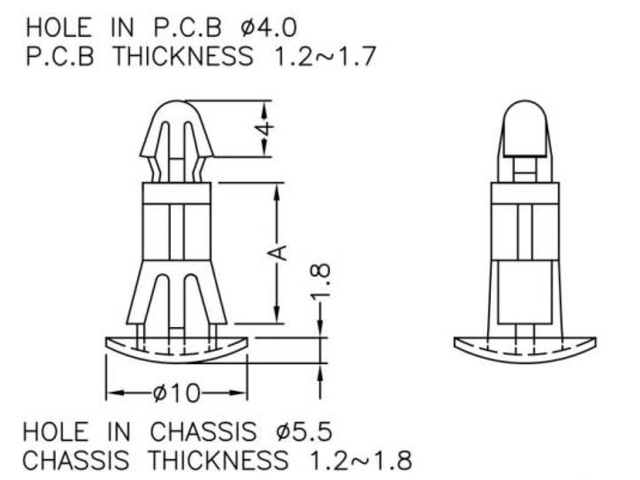【TSPU180PK-W0】基板用ワンタッチスペーサーの高さ18.00mm 寸法図